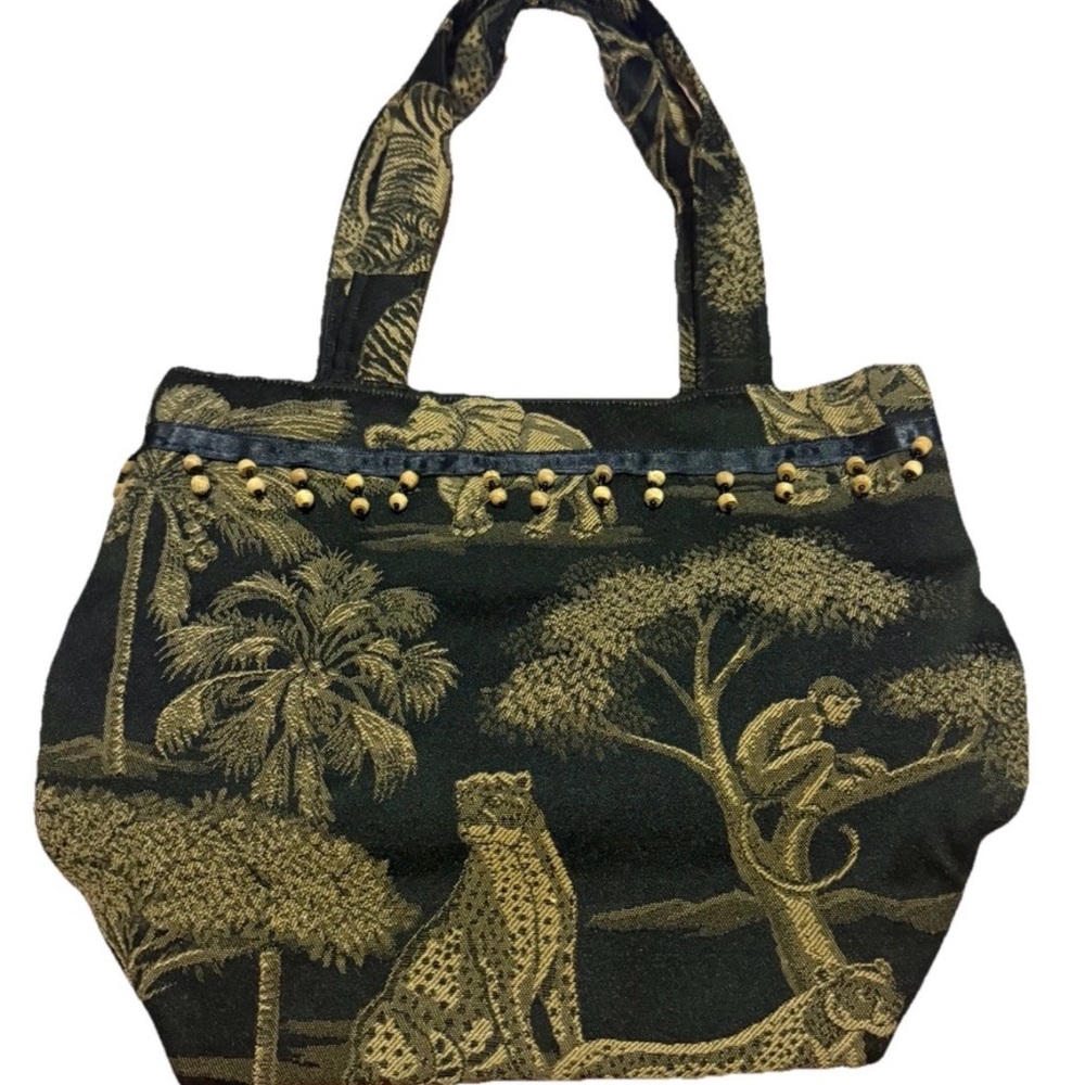 Vintage Safari Tapestry Tote Bag Handbag Woven African Animal Print Black Beads